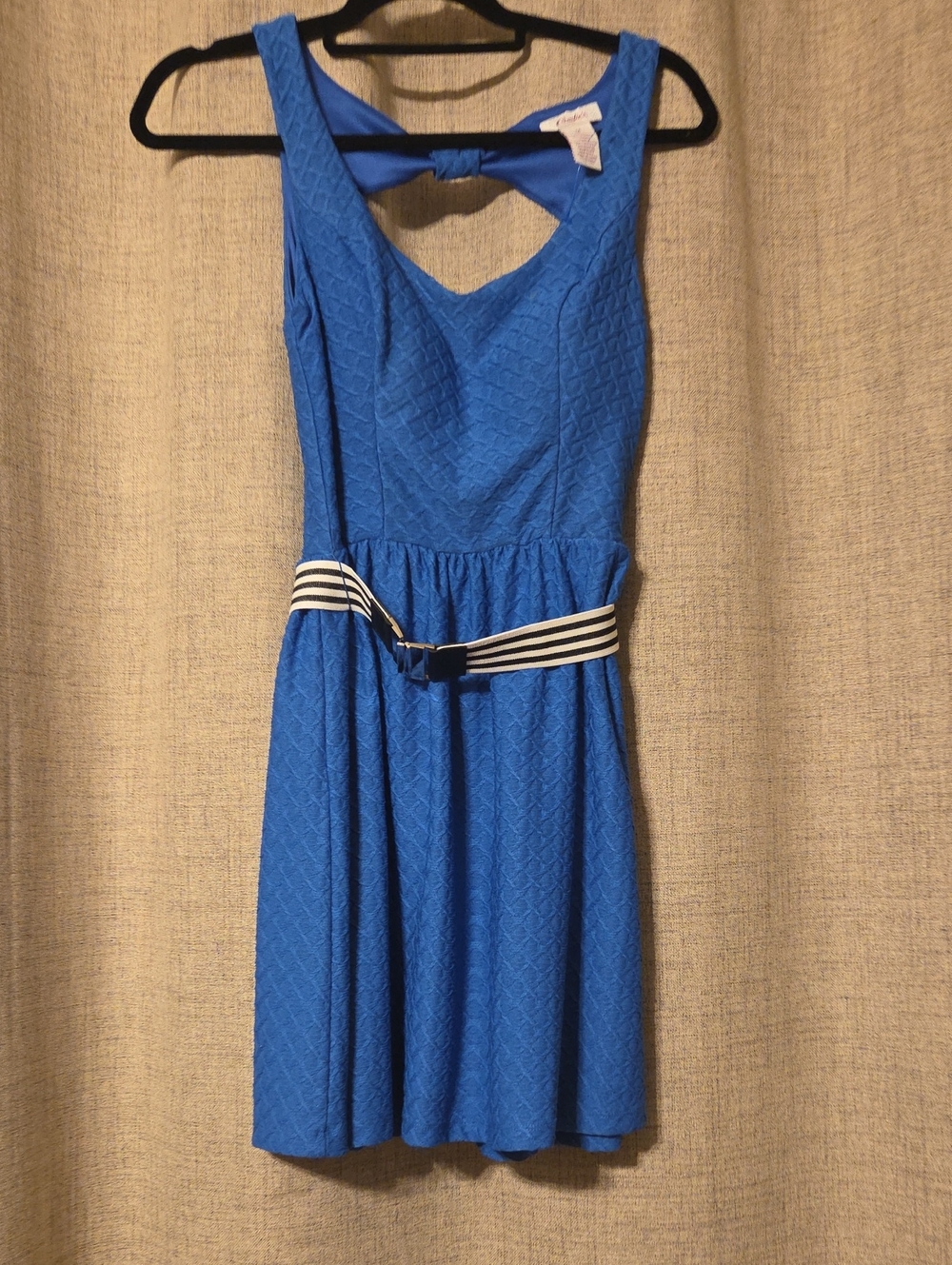 Candie's Royal Blue Textured Sleeveless Mini Dress with Striped Waist Belt
